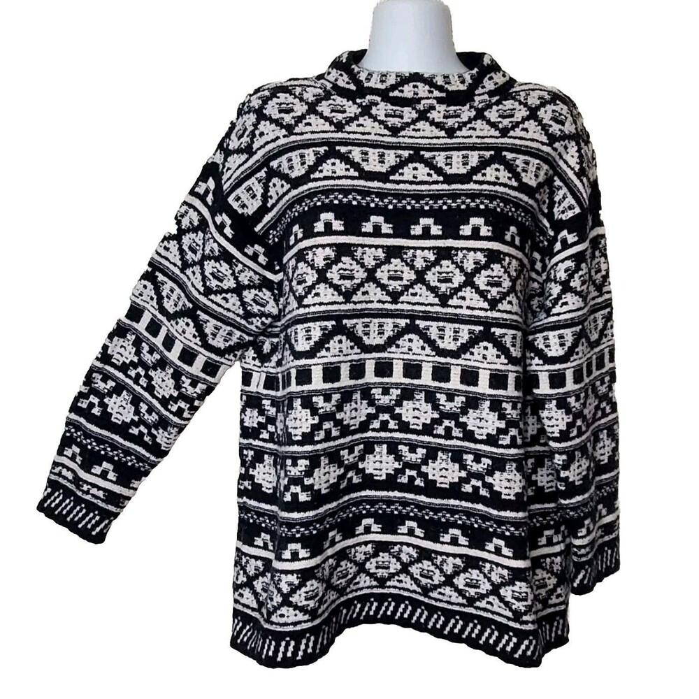 J Jill Sweater Womens XL Black White Nordic Fair Isle Stripes Soft Wool Blend